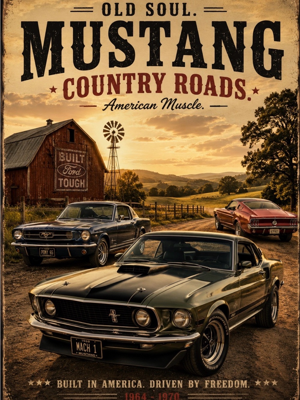 Vintage Mustang Country Roads Poster - Green, Black, Red Cars